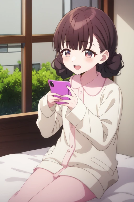 tokinoyamio, :d, cellphone, braid, window, outdoors, sleeves past wrists, pajamas, holding phone, bed