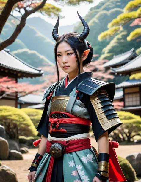 (medium shot, upper body portrait:1.3) photo of a (Japanese samurai fantasy style:1.5) pondering, (closed mouth:1.5) loving beautiful petite young 20 year old (Japanese:1.1) (oni elf:1.5) woman, medium straight black hair, (small breasts:1.3), muscular ass...