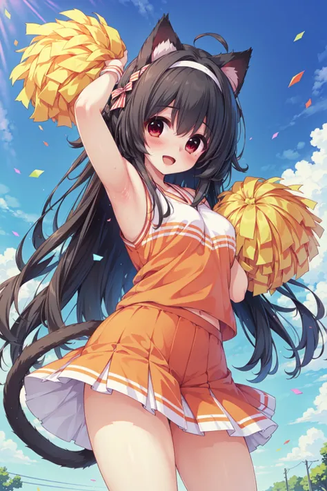 (masterpiece), (best quality), (ultra-detailed), photorealistic, (best illustration), ((an extremely delicate and beautiful)), 1girl, cheerleader, cowboy shot, pom pom (cheerleading), long hair,  <lora:acogare_gfw_cheer_girl_nai_4:0.8> :d, orange clothing,...