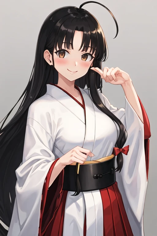 best quality, masterpiece, highres, solo, {white kimono:1.35}, {red hakama:1.35}, {wide sleeves:1.20}, {shouhou_kantaicollection:1.15}, long_hair, black_hair, brown_eyes, ahoge, smile, blush, breasts