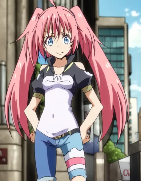 anime still of milim nava wearing a shirt and jeans in the city, full body, front view, anime style, vibrant, studio anime, highly detailed