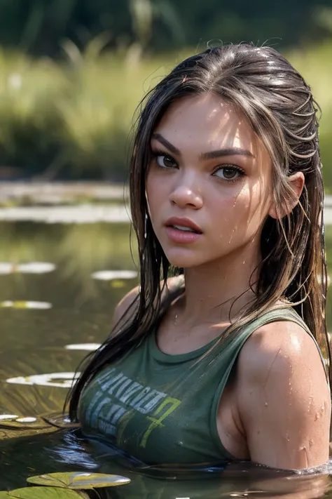 portrait of S140_AthenaFaris_v2,a beautiful woman,in a (swamp-pond:1.1),wearing a (t-shirt:1.1),(wet-hair),(4k, RAW photo, best quality, depth of field, ultra high res:1.1),(absurdres, intricate, photorealistic, masterpiece, ultra-detailed:1.1),