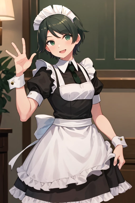 best quality, masterpiece, highres, solo, {maid:1.40}, {long maid dress:1.15}, {mogami_kantaicollection:1.15}, short_hair, black_hair, bangs, serafuku, green_eyes, smile, swept_bangs, open_mouth