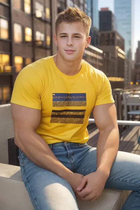 male focus, photo of sc_nxn  <lora:sc_nxn-07:0.85>, relaxed confident expression, sitting on the edge of a New York City rooftop, urban aesthetic, wearing a well-fitted yellow graphic t-shirt and jeans, blurred background, light bokeh, golden hour, depth o...