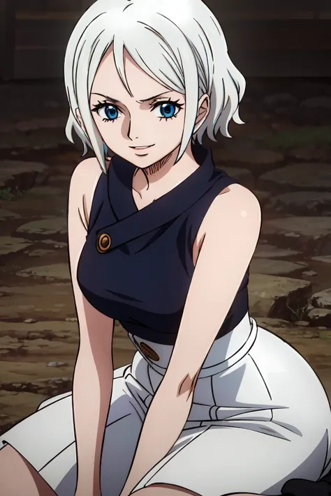 2d, masterpiece, best quality, anime, highly detailed face, highly detailed background, perfect lighting, wano, 1girl, solo, short hair, wavy hair, white hair, blue eyes, ringed eyes, smile, black cropped,medium breasts, white high-waist skirt, small butt,...