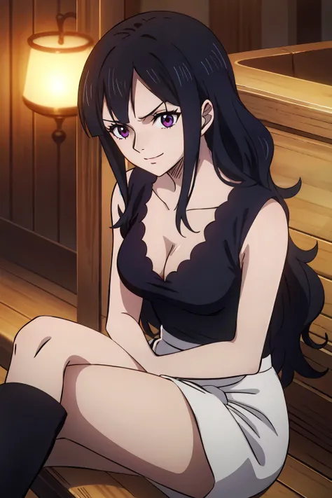 2d, masterpiece, best quality, anime, highly detailed face, highly detailed background, perfect lighting, wano, 1girl, solo, long hair, wavy hair, mermaid waves, bangs, black hair, violet eyes, ringed eyes, smile, black top, black cleavage, medium breasts,...