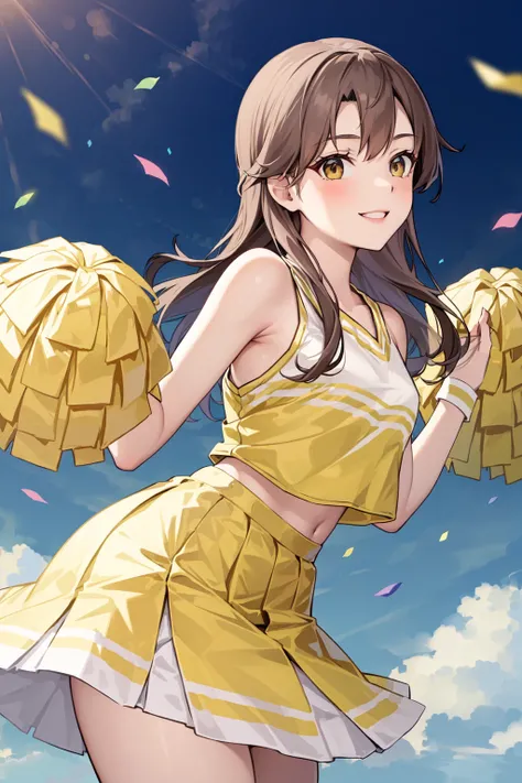 (masterpiece), (best quality), (ultra-detailed), photorealistic, (best illustration), ((an extremely delicate and beautiful)), 1girl, cheerleader, cowboy shot, ((pom pom (cheerleading))), arashio kai ni, brown hair, long hair, brown eyes, smile, <lora:kanc...