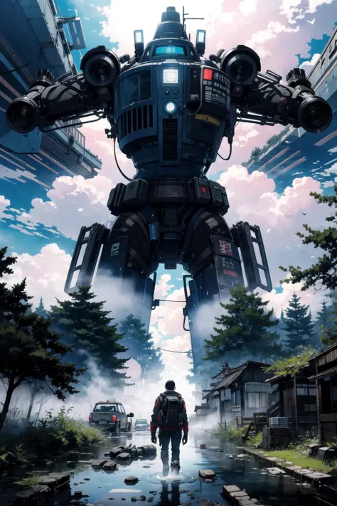 closeup, rearview, kaneda from akira, walking along a dystopian rainforest road, giant black overgrown cgmech opens a watery clo...