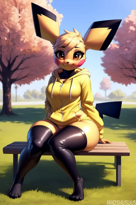 uploaded on e621, explicit content, 3d, cutesexyrobutts, hioshiru, female, pichu, park setting, sitting under tree, knees to chest, (oversized hoodie, leggings), closeup, thick thighs, wide hips, relaxed expression
<lora:Pichu:1>