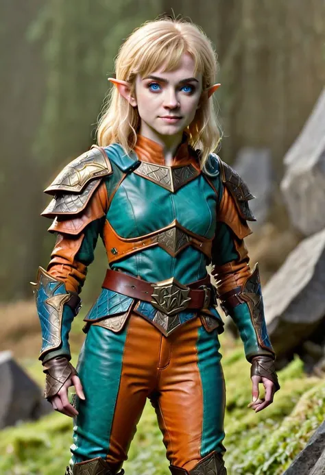 photo of pale (Age 19) female (halfling:1.75), flat chested, rectangle body shape, shaggy blonde, middle part, blue eyes, (F41Arm0rXL orange/green druidic leather armor and pants), homely, tiny, petite, thin, toned, lithe, full body, outdoors, HDR