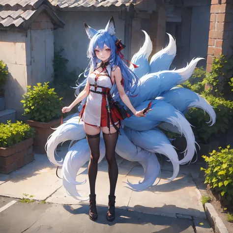 <lora:jiuwei_08:0.8>,super high resolution,best quality,4k,1girl,jiuwei,multiple tails,fox tail,fox ears,smile,stand full body,long hair,blue hair,