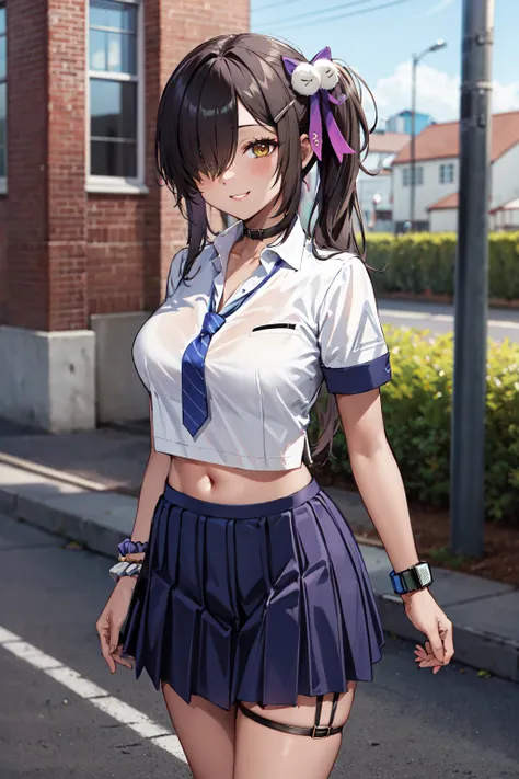 masterpiece,best quality,highres,ultra-detailed,aanaga,dark-skinned female,long hair,side ponytail,hair over one eye,hairclip,hair ribbon,hair ornament,black choker,large breasts,school uniform,blue necktie,shirt,short sleeves,navel,bracelet,wrist scrunchi...