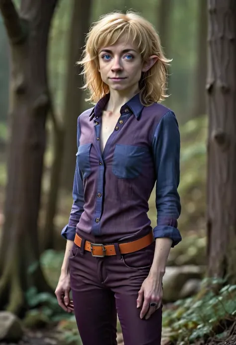 photo of pale (Age 19) female (halfling:1.75), (flat chested, rectangle body shape), (shaggy blonde, middle part), blue eyes, ((Dark purple)/(Dark Orange) masculine shirt/pants), homely, tiny, petite, thin, toned, lithe, full body, outdoors, HDR