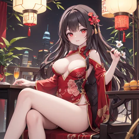 (masterpiece:1.2, best quality),(scenery :1.2),((depth of field)),beautiful concept illustration,(taihouphoenix:1.2),(red eye),(black long hair),sexy,adulty,crimson,red,Incorporating red elements into the picture,New Year atmosphere,spring festival decorat...