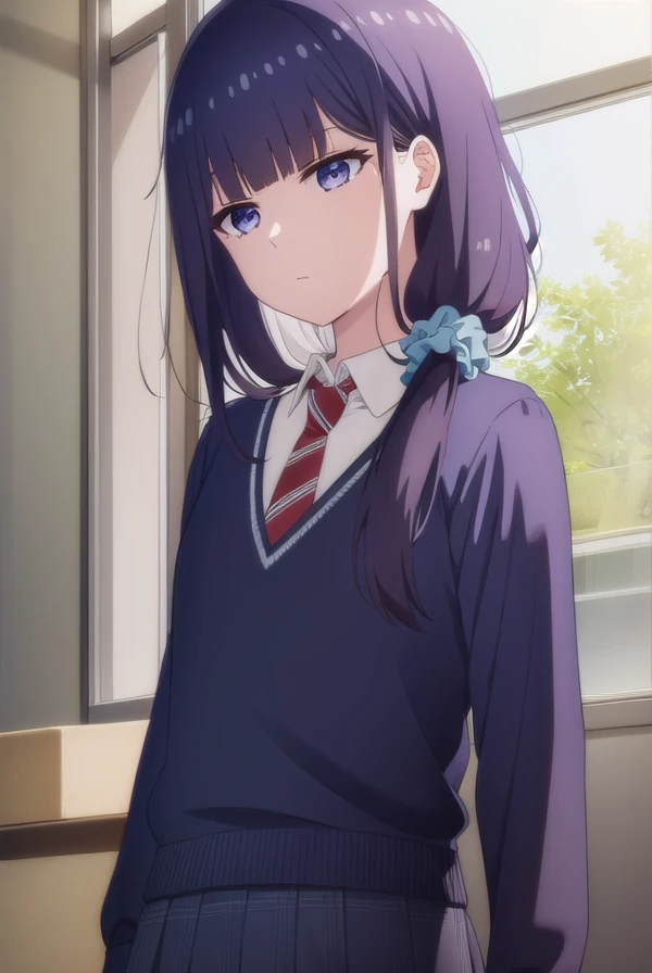 misuzugundou, <lora:misuzu gundou s1-lora-nochekaiser:1>,
misuzu gundou, long hair, bangs, black hair, hair ornament, blunt bangs, scrunchie, hair scrunchie, blue scrunchie, (purple eyes:1.1),
BREAK school uniform, necktie, sweater, red necktie,
BREAK indo...