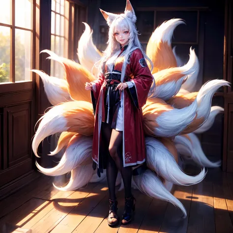 <lora:jiuwei_08:0.7>,super high resolution,best quality,4k,jiuwei,1girl,multiple tails,fox ears,fox tail,smile,stand full body,long hair,white hair,