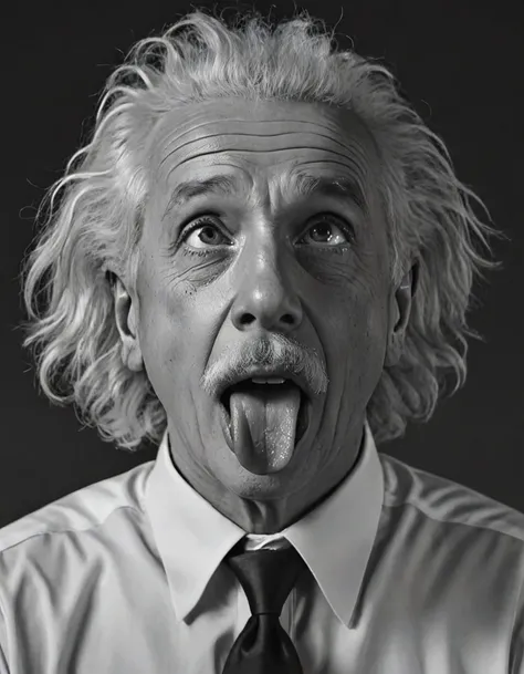 (ahegao:1.3), tongue out, portrait of man, albert einstein, lecture hall, detailed face, black and white, high contrast, (natural skin texture, hyper-realism, sharp), Canon EOS 5D Mark III, high contrast dark background <lora:ahegao_v4:1.3>