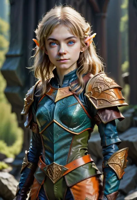 photo of pale (Age 19) female (halfling:1.75), flat chested, rectangle body shape, shaggy blonde, middle part, blue eyes, (F41Arm0rXL orange/green druidic leather armor and pants), homely, tiny, petite, thin, toned, lithe, full body, outdoors, HDR