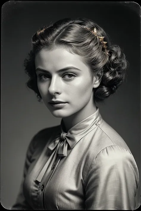 photo of (ibrgmn:0.99), a beautiful woman, (closeup portrait), perfect hair upsweep updo, (vintage photo, Gainsboro Gray harem outfit), 24mm, ((tintype)), (analog, cinematic, film grain:1.3), ((plain Pale Gold background, gradient:1.2)), detailed eyes, (se...