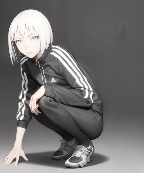 <lora:Claymore-NAI-LyCORIS-512px:0.85>
1girl, solo, squatting, wearing track_suit, short white hair, blue eyes, simple background