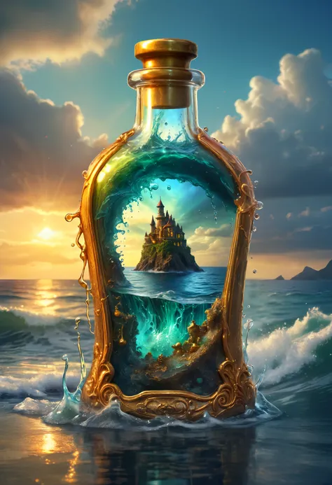 highly detailed image of a magical potion bottle leaking out into the ocean, delicate, beautiful, extremely high quality image, HDR, fantasy, photo  Centered in Perfect Composition, Complex Details Showing Unique and Enchanting Elements, Very Detailed Digi...