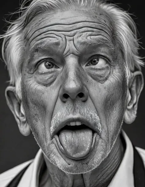 (ahegao:1.3), tongue out, old man, (wrinkly face:0.2), street photography, detailed face, black and white, high contrast, (natural skin texture, hyper-realism, sharp), Canon EOS 5D Mark III, high contrast, dark background <lora:ahegao_v4:1.3>