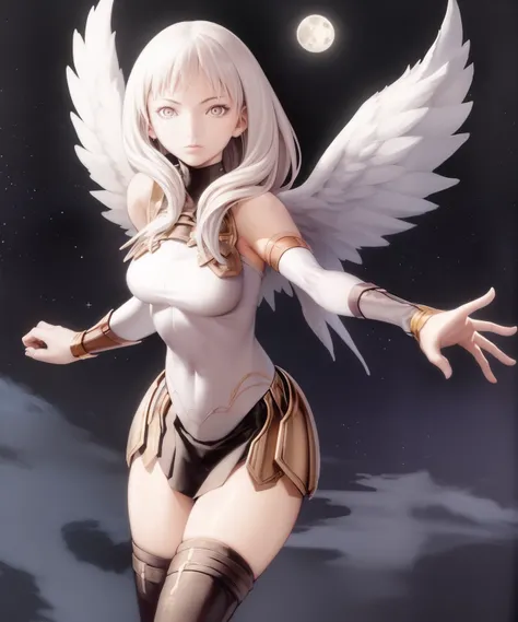 <lora:Claymore-NAI-LyCORIS-512px:0.9>
1girl, Valkyrie, flying, solo, wings, night, clouds, moon, stars, white hair,  pauldrons, thigh_boots