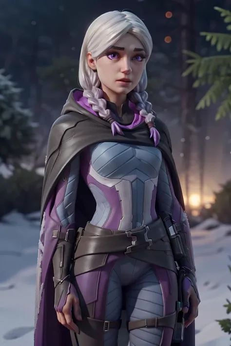 <lora:VRAMsTorin:0.6>, xyztorin, 1girl, closeup, white hair, purple eyes, cgi, cycles render, cold, frosty, twin braids, cloak