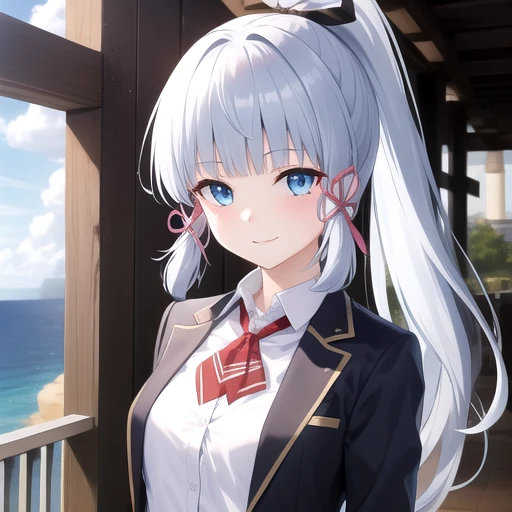 ((masterpiece)),(best quality),official art,extremely detailed CG,unity 8k wallpaper,ultra detailed,A lighthouse on a cliff by the sea,1girl,solo,upper body,(portrait:1.2),looking at viewer,high_ponytail,long_hair,blunt_bangs,blue_eyes,white_shirt,black_ja...