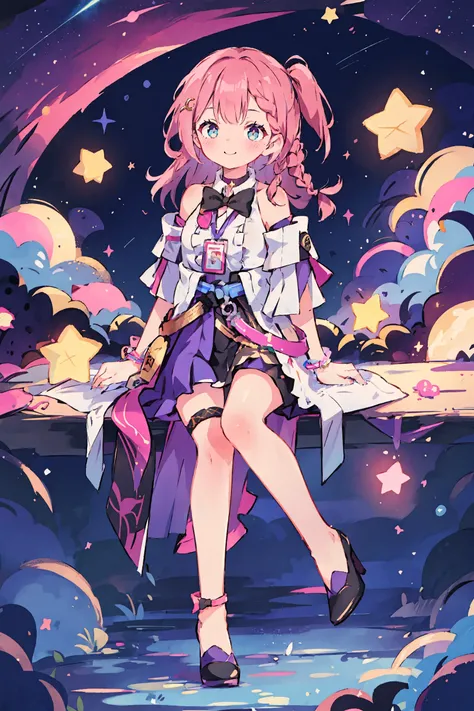 1girl, asta (honkai: star rail), detached sleeves, sleeveless shirt, id card, high heels, high-waist skirt, overskirt, anklet, thigh strap, bracelet, hairpin, belt, bowtie, choker, looking at viewer, starry sky, shooting star, light smile, blush, embarrass...