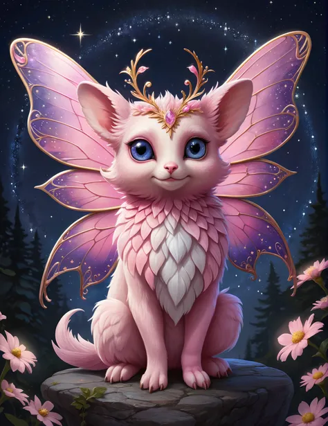 fantasy concept art of a pink fairy fakemon, detailed fur, extremely beautiful, high quality, intricate details, beautiful eyes, symmetrical wings, starry night background