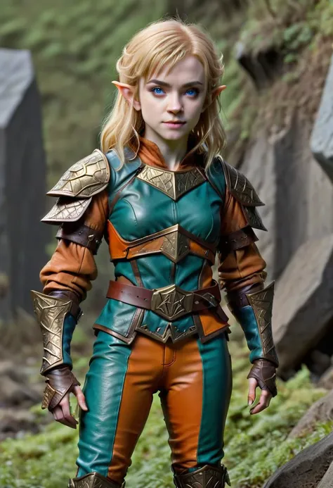 photo of pale (Age 19) female (halfling:1.75), flat chested, rectangle body shape, shaggy blonde, middle part, blue eyes, (F41Arm0rXL orange/green druidic leather armor and pants), homely, tiny, petite, thin, toned, lithe, full body, outdoors, HDR