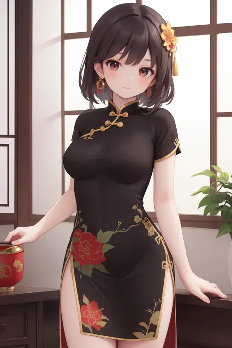 1girl,solo,chinese cheongsam,chinese clothes,china dress,dress,looking at viewer,hair ornament,jewelry,tassel,earrings,floral print,bangs,cowboy shot,breasts,short sleeves,indoors,closed mouth,black dress,side slit,(((masterpiece))),(((best quality))),(hig...