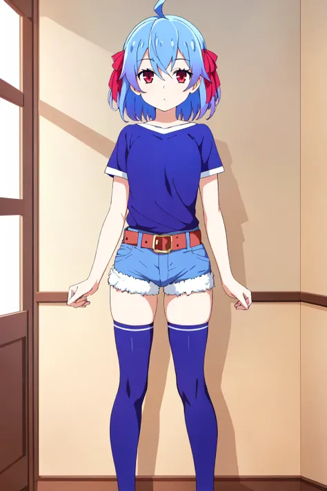 ruti, 1girl, solo, looking at viewer, red eyes, blue hair, ahoge, short hair, hair between eyes, bangs, expressionless, ribbon, shorts, belt, blue thighhighs, masterpiece, indoors,