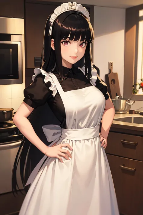 masterpiece, best quality, absurdres, 1girl, solo, Oryou, maid, maid headdress, maid apron, kitchen, hands on hips, smile, <lora:CHAR-Oryou:1>