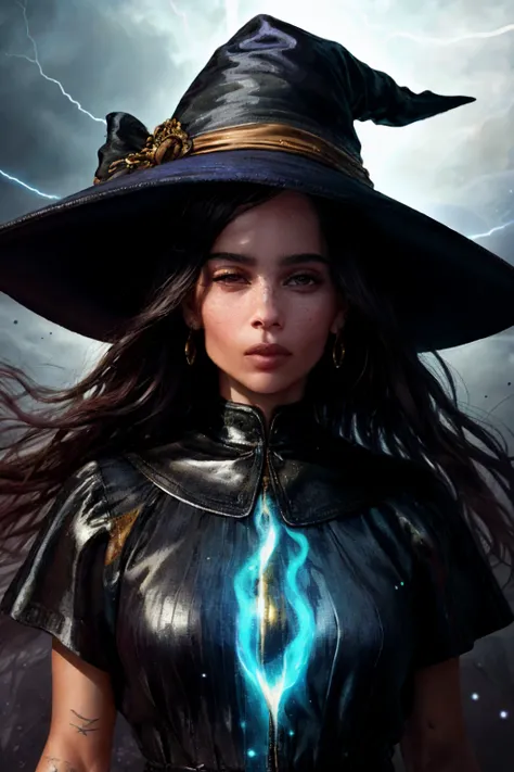 <lora:zoe-01:1.4> a stunning award winning photo of (z03:1),fully clothed , woman, ( (style-swirlmagic:0.8), portrait, looking at viewer, solo, half shot, detailed background,   witch hat, witch, magical atmosphere, hair flowing in the wind, blue trimmed d...