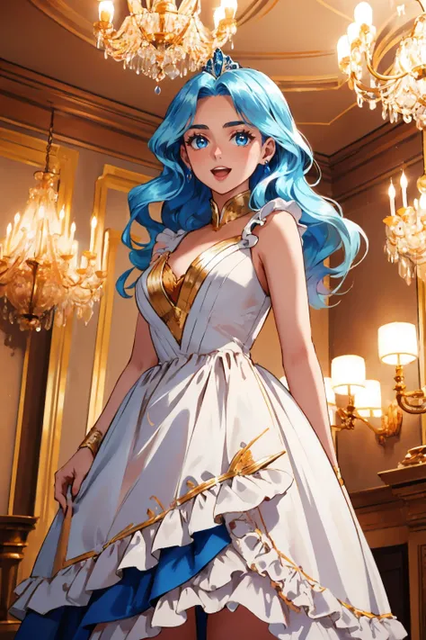 masterpiece, best quality, <lora:valere-nvwls-v1-000010:0.9> valere, blue eyes, white dress, frills, tiara, ballroom, chandelier, standing, looking at viewer, :D