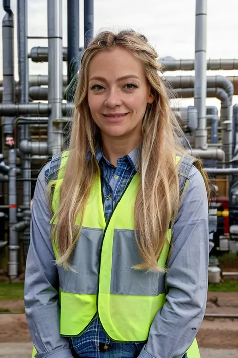 <lora:Cherry_Healey:1> masterpiece, best quality, detailed face, 1girl, solo, realistic, c1873h, long blonde hair, in a safety vest standing in front of a factory with pipes and piping, building, city, cityscape, smiling, photo_(medium), photo_background, ...