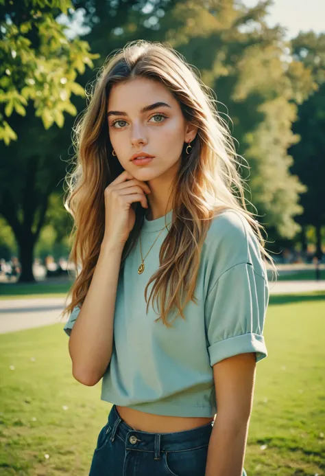 RAW Photo, a stylized contemporary portrait of a 21 yo girl, she is posing in a public park, wearing stylish urban fashion, gorgeous eyes looking at the viewer, tiktok dance, vanity, 35mm photograph, highly detailed, rich emotive colors, masterpiece, dslr,...