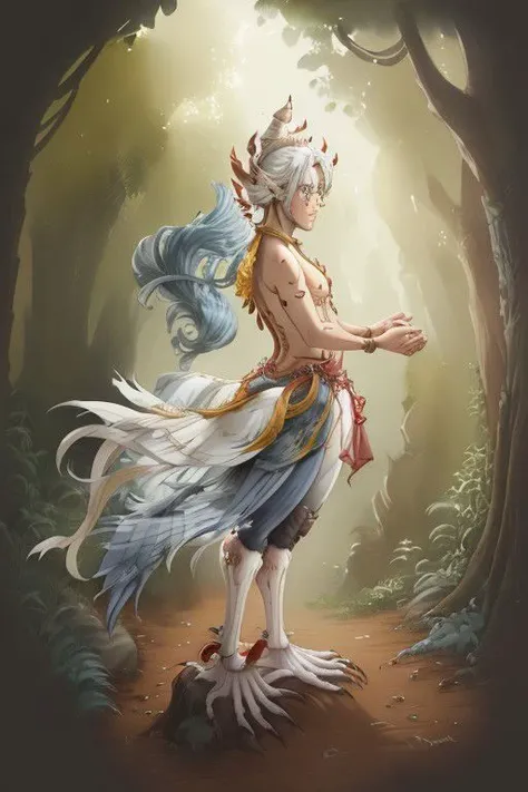 1boy, kinnara, watercolor, blue and red feathers, full body, split feathers, yellow feathers, white feathers, forest, anime