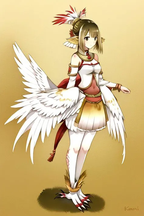 1girl, kinnari, watercolor, white and red feathers, full body, split feathers, yellow feathers, white feathers, anime