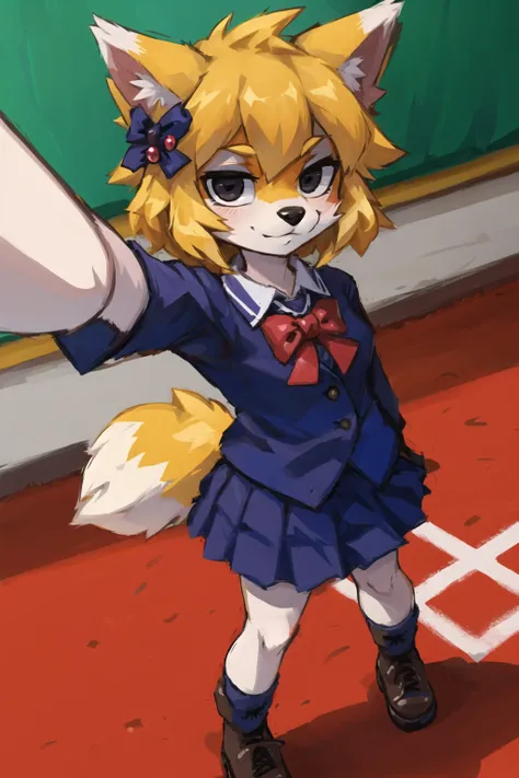 masterpiece, best quality, looking at viewer,black eyes,play ground
furry fox girl,blonde,school uniform,  hair ornament,selfie,