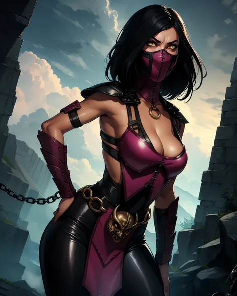 Mileena,black hair,yellow eyes,medium hair,slit pupils,
mouth mask,pink top,cleavage,stitched,leather armor,tight black pants,o-ring,
standing,hands on hips,pelvic curtain,sash,
serious,looking at viewer,
cloudy,dungeon,
(insanely detailed, beautiful detai...