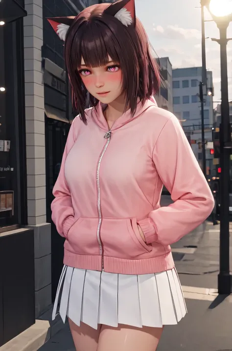 realistic, brown hair, mediumm hair, fluffy hair, blunt bangs, pink eyes, pink hoodie, white pleated skirt, outdoors, shopping strip, volumetric lighting, subsurface scattering, light rays, cat ears
BREAK glowing eyes, parted lips, shy, blush, looking away...