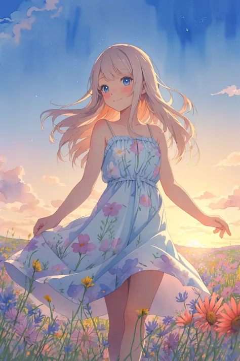 Watercolor illustration of a dreamy girl in a sundress, walking in a field of wildflowers at sunset
Anime-style portrait of a teenage girl with sparkling blue eyes and a gentle smile,