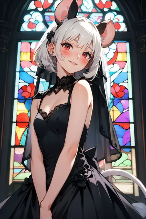 (Masterpiece:1.3), (best quality:1.2), (detailed background:1.1), (intricate details:1.1), (detailed background:1.2), 1girl, solo, (soft skin:1.2), soft lips, short white hair, mouse ears, (mouse tail:1.2), red eyes, small breasts, (nervous:1.2), (blush:1....