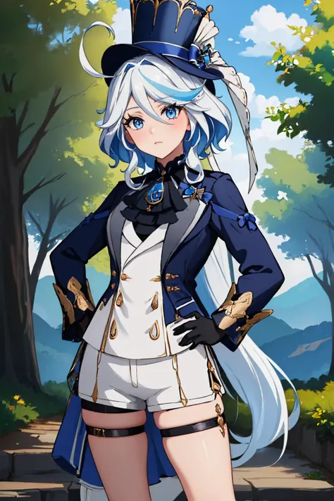 (masterpiece, best quality:1.2), solo, 1girl, furinadef, expressionless, looking at viewer, hand on hip, ahoge, blue headwear, top hat, jacket, ascot, brooch, long sleeves, black gloves, white gloves, white shorts, thigh strap, outdoors <lora:genshinimpact...