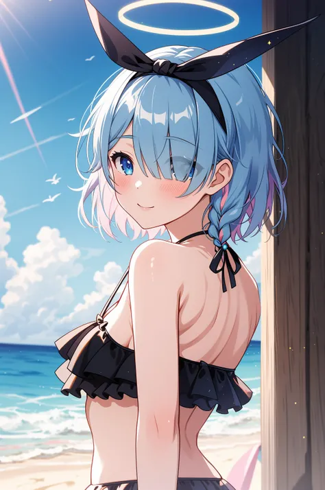 1girl, solo, outdoors, beach, masterpiece, best quality, high resolution, unity 8k wallpaper, (illustration:0.8), (perfect hands, perfect anatomy), blush, shiny hair, shiny skin, looking at viewer, standing, black bikini, frilled bikini, frills, official a...