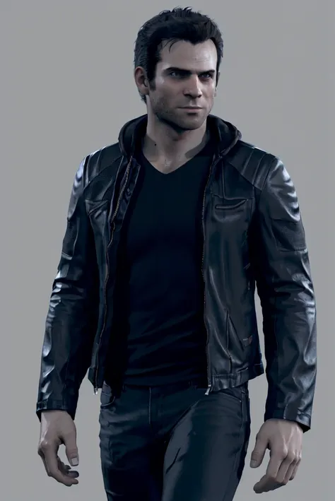 (RAW photo), <lora:GavinReed - Ace:0.7>, gavinreed, jacket, black shirt, jeans, walking, 1boy, solo , gray background