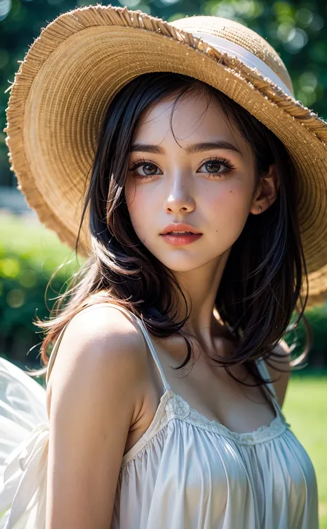 Best portrait photography, 35mm film, natural blurry, 1girl, sun dress, wide brimmed hat, radiant complexion, whimsical pose, fluttering hair, golden sunlight, macro shot, shallow depth of field, bokeh, dreamy,   <lora:add_detail:1>